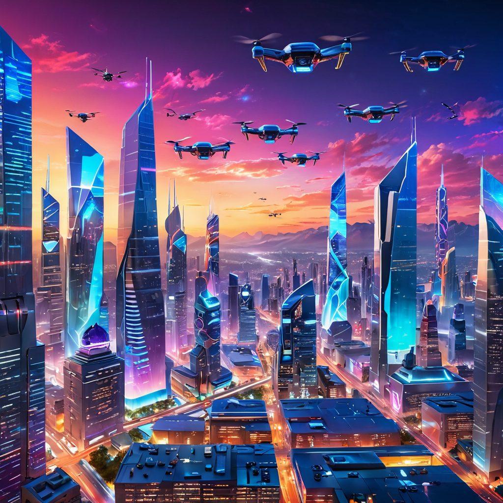 A futuristic cityscape showcasing advanced hardware technologies, with sleek drones flying, intelligent robots assisting humans, and holographic displays illuminating the skyline. Emphasize cutting-edge devices like smart wearables and innovative building designs. Colorful, dynamic lighting effects create an atmosphere of innovation and excitement. digital illustration. vibrant colors. 3D.