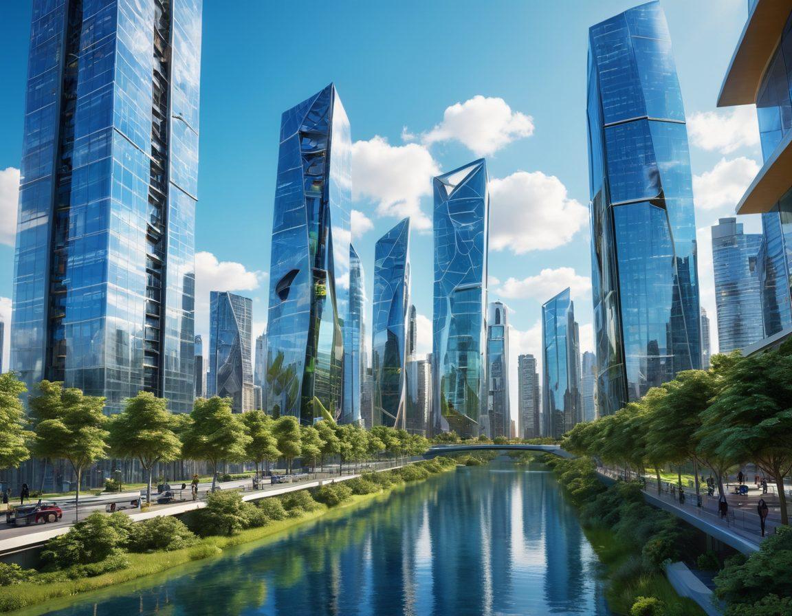 A futuristic city skyline featuring advanced architecture with sleek, innovative buildings made of glass and metal. Integrate elements showing high-tech hardware solutions, like drones, smart vehicles, and digital interfaces interacting with the environment. Include a bright, blue sky and lush greenery to symbolize harmony between technology and nature. Capture a sense of movement and progress, with people engaging with technology in everyday life. super-realistic. vibrant colors. 3D.