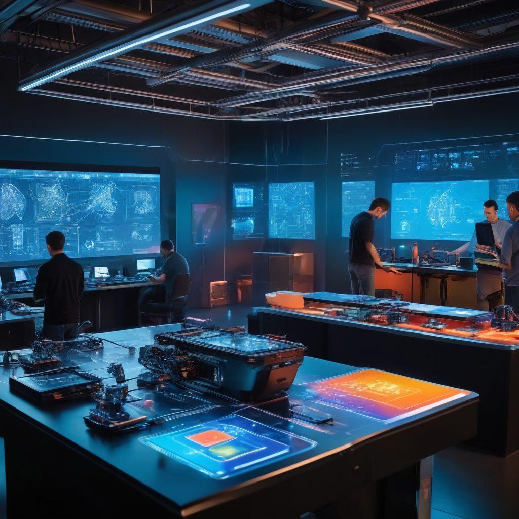 A futuristic workshop filled with advanced tools and 3D printers in action, depicting engineers collaborating on innovative hardware designs. Showcase holographic displays of blueprints, smart devices, and robotics, surrounded by vibrant colors to convey a cutting-edge atmosphere. Include elements like circuit boards and high-tech gadgets to emphasize innovation and creativity. super-realistic. vibrant colors. immersive depth.